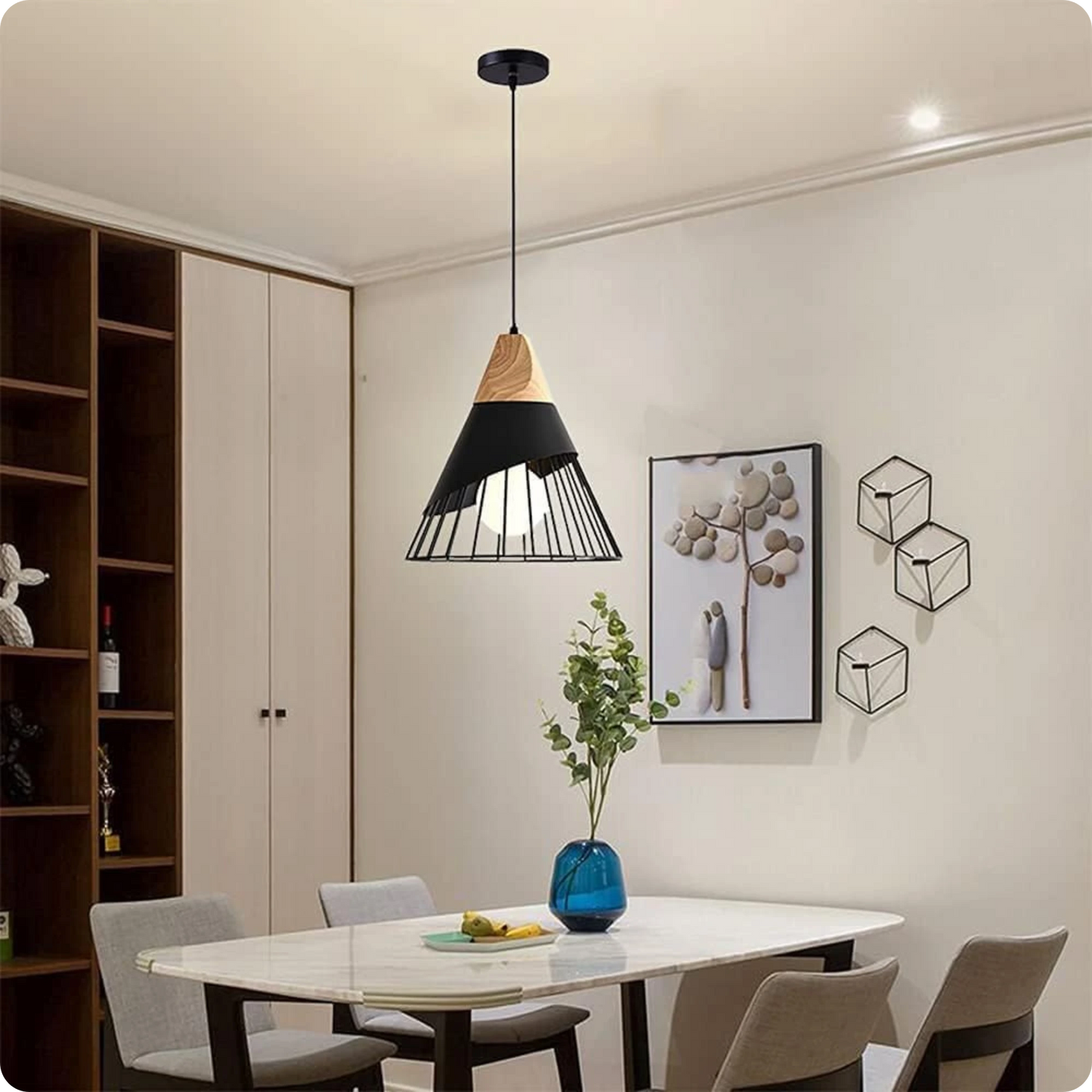 Suspension métal noir et bois avec design nordique moderne - Suspension & Lustre
