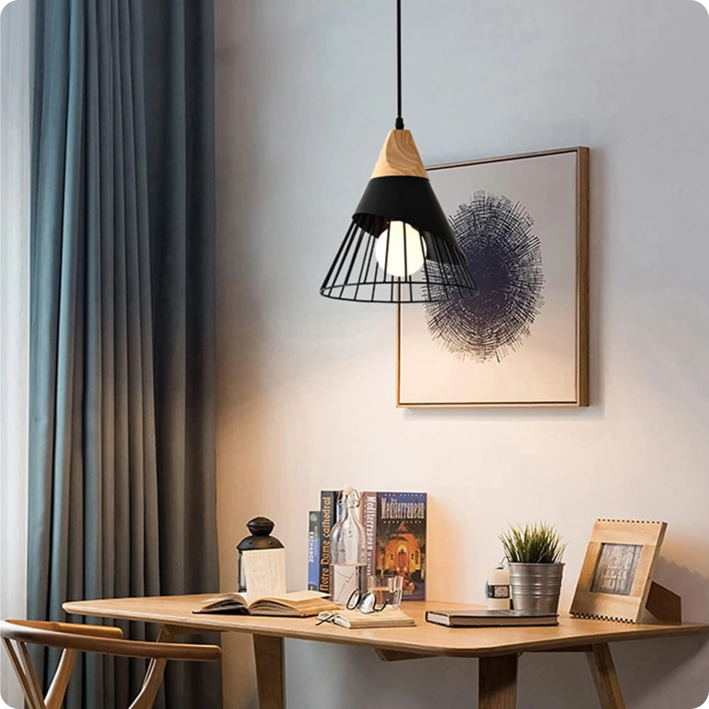 Suspension métal noir et bois avec design nordique moderne - Suspension & Lustre
