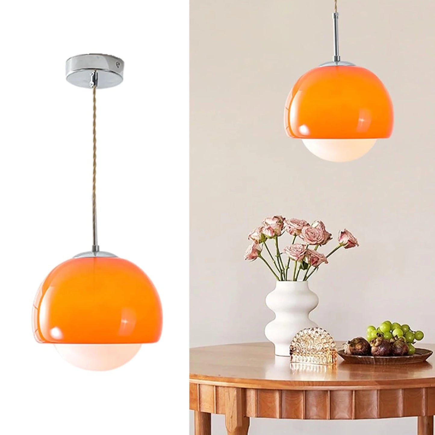 Suspension boule ronde en verre orange avec finition métal moderne
