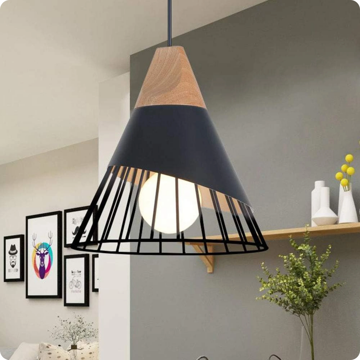 Suspension métal noir et bois avec design nordique moderne - Suspension & Lustre