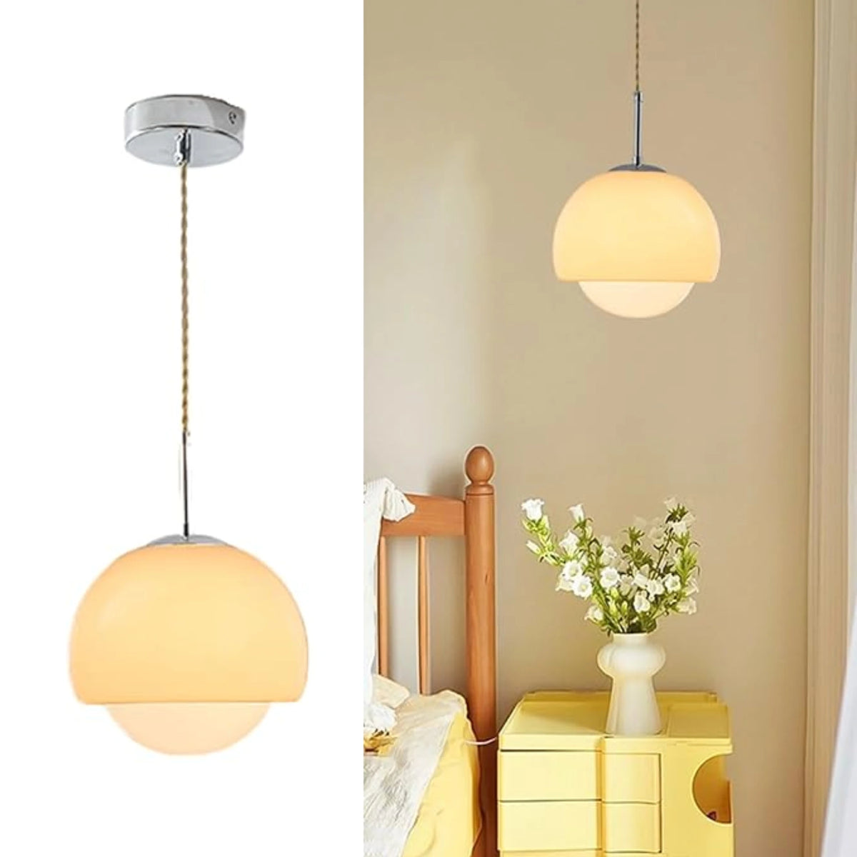 Suspension boule ronde en verre orange avec finition métal moderne