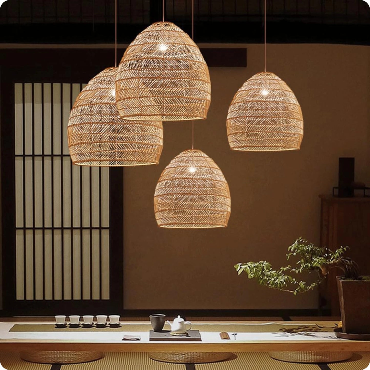 Suspension Tissée Bambou et Bois Naturel de Style Japonais et Vintage