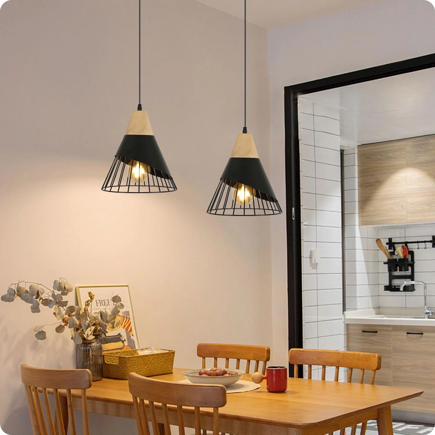 Suspension métal noir et bois avec design nordique moderne - Suspension & Lustre