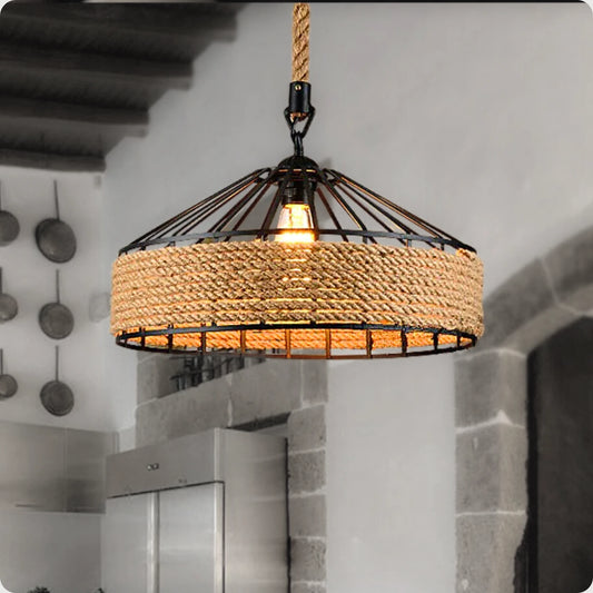 Suspension vintage en corde et métal avec design industriel rétro