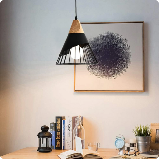 Suspension métal noir et bois avec design nordique moderne - Suspension & Lustre